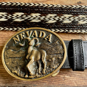 1980's Vintage Plaited Leather Belt Western 'Nevada' Black White Made in Mexico Brass Buckle Buck Sz XXL - OOAK - Phoenix Menswear