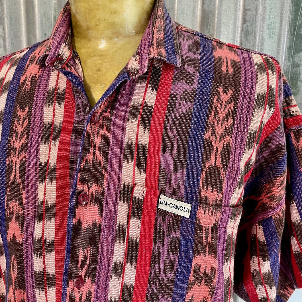 1980's Vintage Purple Red Guatemalan Woven Striped S/S Shirt Sz S - OOAK - Phoenix Menswear