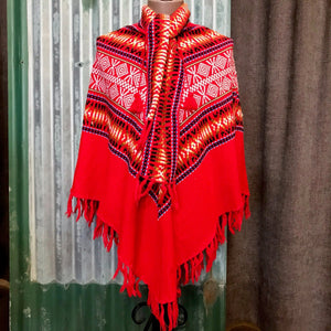 1980's Vintage Red Handwoven Poncho with Neck Scarf - One Size - OOAK - Phoenix Menswear