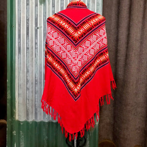 1980's Vintage Red Handwoven Poncho with Neck Scarf - One Size - OOAK - Phoenix Menswear