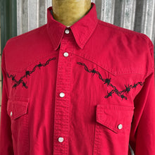 Load image into Gallery viewer, 1980&#39;s Vintage Red Western Barbed Wire Embroidery L/S Cotton Shirt Sz XL - OOAK - Phoenix Menswear