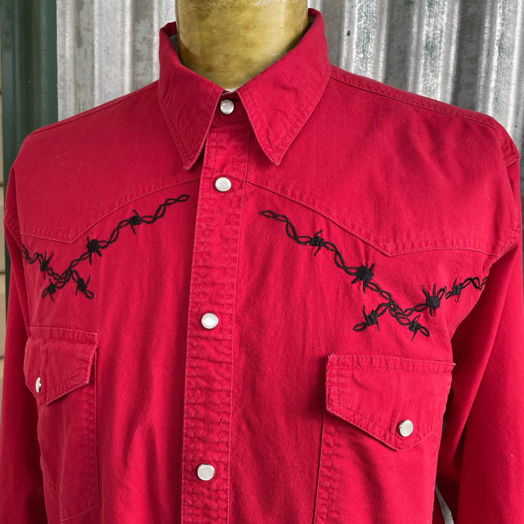 1980's Vintage Red Western Barbed Wire Embroidery L/S Cotton Shirt Sz XL - OOAK - Phoenix Menswear
