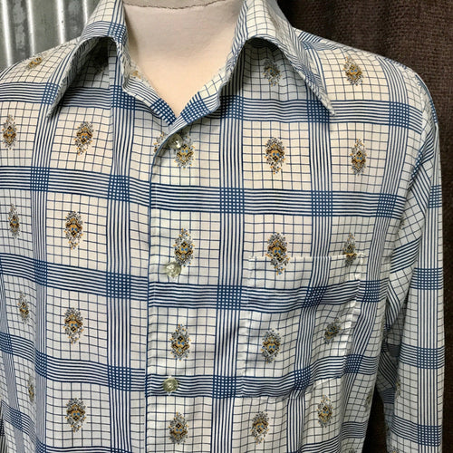 1980's Vintage Shirt White Blue Check Floral L/S Sz M - OOAK - Phoenix Menswear