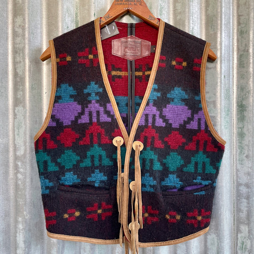 1980's Vintage Unisex Aztec Design Vest Wool Leather Trim Purple Red Black Turquoise Sz S - OOAK - Phoenix Menswear