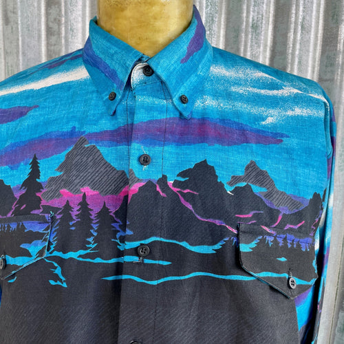 1980's Vintage Western Blue Black Mountains L/S Cotton Shirt Sz XL - OOAK - Phoenix Menswear