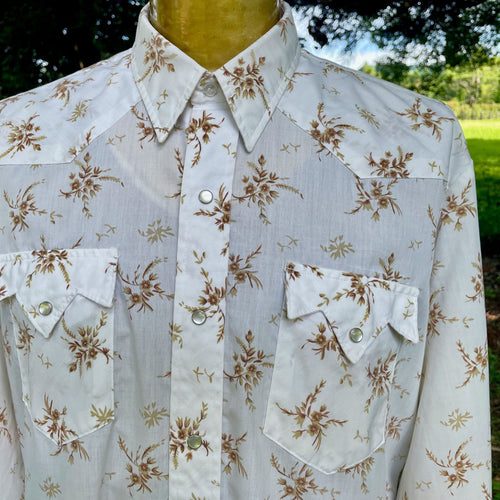 1980's Vintage Western Floral Cream Brown Cotton L/S Shirt Snaps Sz XL - OOAK - Phoenix Menswear