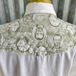 1980's Vintage Western L/S Shirt Presidents Print Quilted Snaps White Green Sz XL - OOAK - Phoenix Menswear