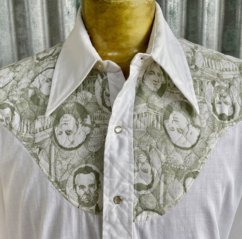 1980's Vintage Western L/S Shirt Presidents Print Quilted Snaps White Green Sz XL - OOAK - Phoenix Menswear