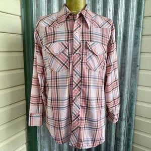 1980's Vintage Western Pink Brown White Plaid Check L/S Shirt Pearl Snaps Sz L - OOAK - Phoenix Menswear