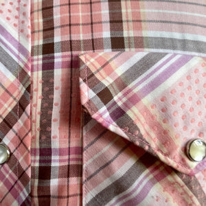 1980's Vintage Western Pink Brown White Plaid Check L/S Shirt Pearl Snaps Sz L - OOAK - Phoenix Menswear