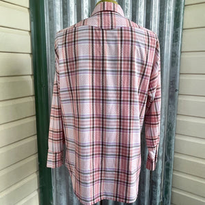 1980's Vintage Western Pink Brown White Plaid Check L/S Shirt Pearl Snaps Sz L - OOAK - Phoenix Menswear