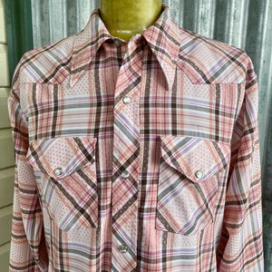 1980's Vintage Western Pink Brown White Plaid Check L/S Shirt Pearl Snaps Sz L - OOAK - Phoenix Menswear