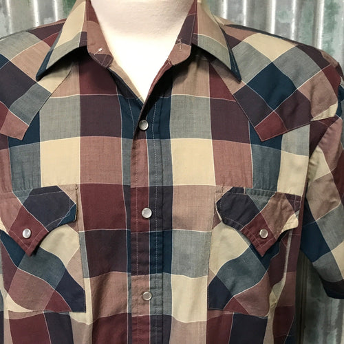 1980's Vintage Western Shirt Burgundy, Blue Check S/S Sz XXL - OOAK - Phoenix Menswear