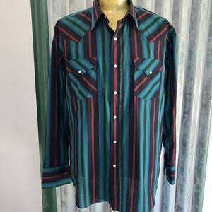 1980's Vintage Western Stripe L/S Shirt Red Green Black Sz L - OOAK - Phoenix Menswear
