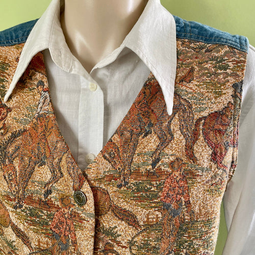 1980s Vintage Women's Cowboy Motif Tapestry Vest Brown Green Sz M - OOAK - Phoenix Menswear