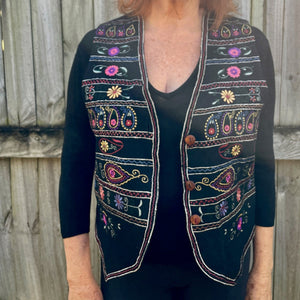 1980s Vintage Women's Floral Paisley Embroidered Black Wool Vest Sz L - OOAK - Phoenix Menswear