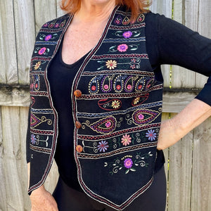 1980s Vintage Women's Floral Paisley Embroidered Black Wool Vest Sz L - OOAK - Phoenix Menswear