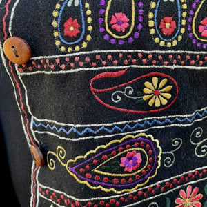 1980s Vintage Women's Floral Paisley Embroidered Black Wool Vest Sz L - OOAK - Phoenix Menswear