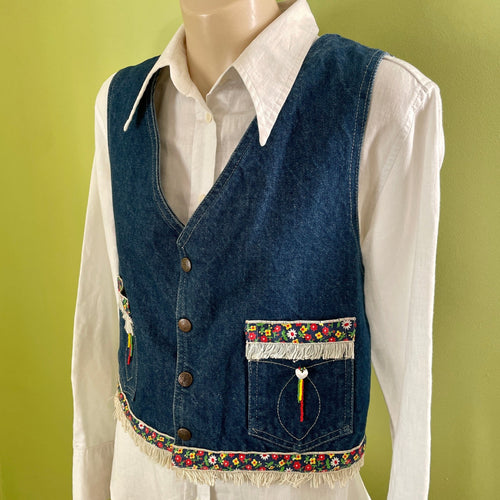1980s Vintage Women's Fringed Denim Vest Pockets Beads Floral Ribbon Sz LM - OOAK - Phoenix Menswear