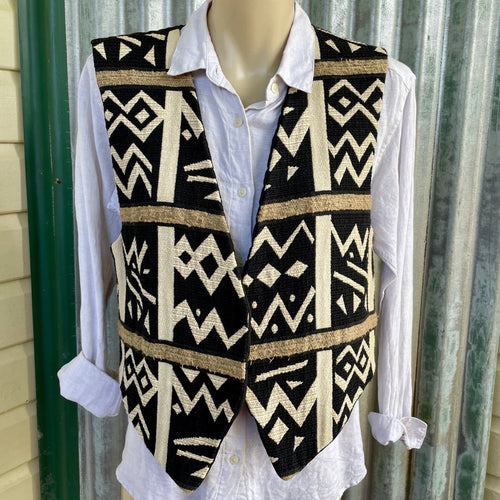 1980's Vintage Women's Geometric Woven Black and Cream Sz M - OOAK - Phoenix Menswear