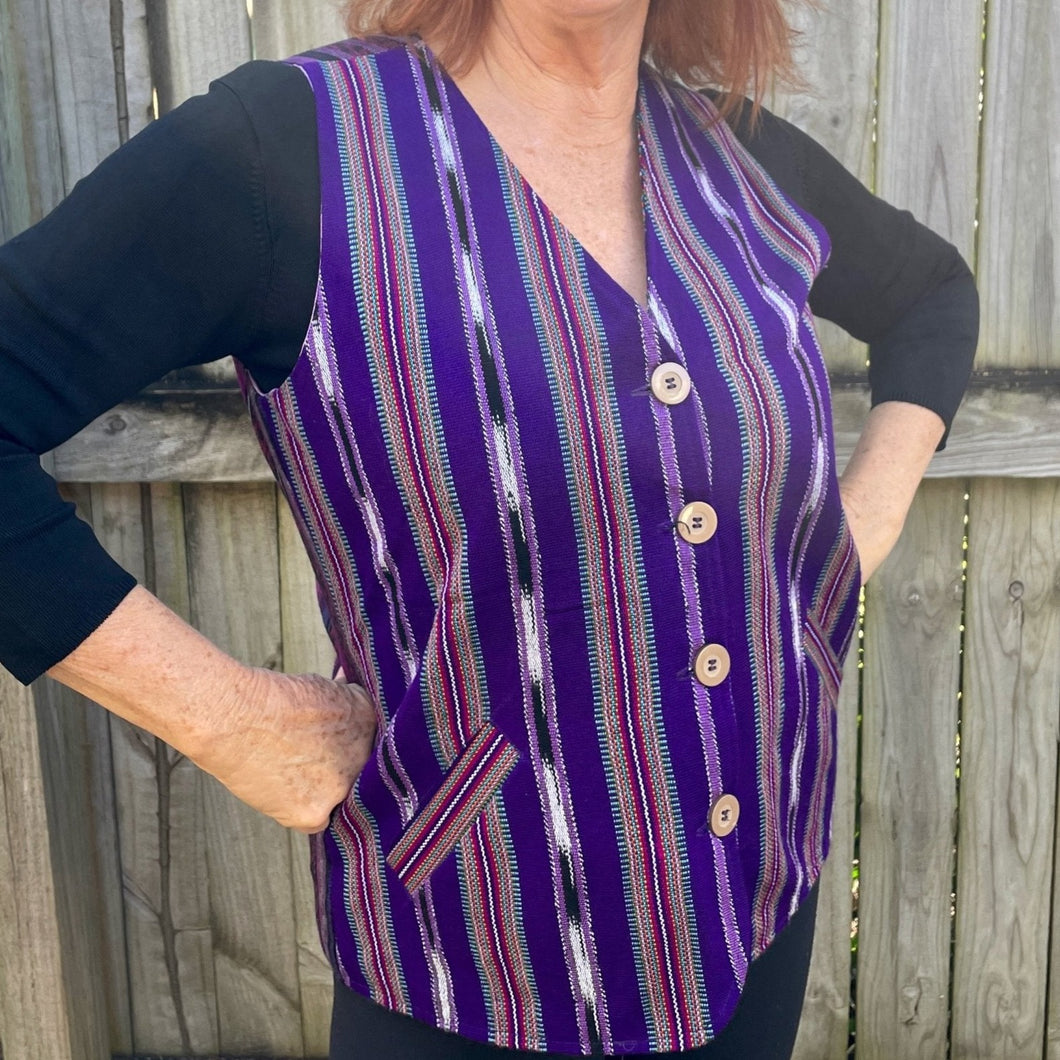 1980s Vintage Women's Woven Purple Striped Vest Pockets Sz L - OOAK - Phoenix Menswear