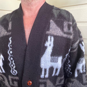 1980's Vintage Wool Alpaca Western Cardigan Jumper Made in Ecuador Black Grey White Sz M - OOAK - Phoenix Menswear