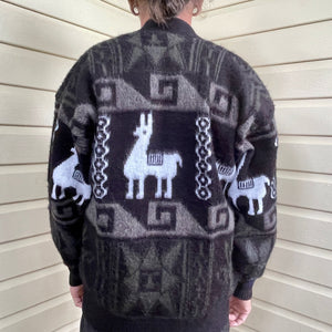 1980's Vintage Wool Alpaca Western Cardigan Jumper Made in Ecuador Black Grey White Sz M - OOAK - Phoenix Menswear