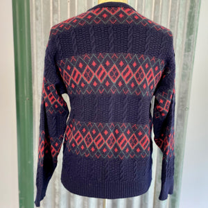 1980's Vintage Wool Jumper Blue Red Diamond Design Sz L - OOAK - Phoenix Menswear