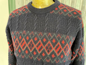 1980's Vintage Wool Jumper Blue Red Diamond Design Sz L - OOAK - Phoenix Menswear