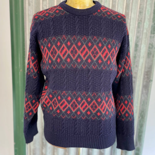 1980's Vintage Wool Jumper Blue Red Diamond Design Sz L - OOAK - Phoenix Menswear
