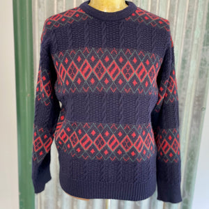 1980's Vintage Wool Jumper Blue Red Diamond Design Sz L - OOAK - Phoenix Menswear