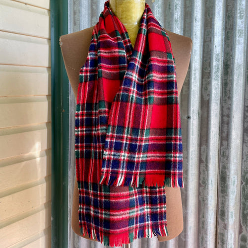 1980's Vintage Wool Scarf Made in Scotland Tartan MacFarlane Red Blue White Check Unisex - OOAK - Phoenix Menswear