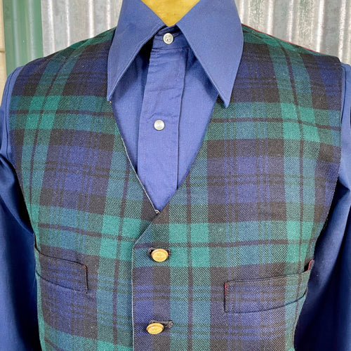 1980's Vintage Wool Vest Navy Blue Green Tartan Red Back Lined Pockets Sz XL -OOAK - Phoenix Menswear
