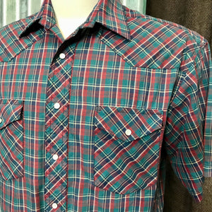 1980's Vintage Wrangler Western Shirt Navy Green Burgundy Check S/S Sz M - OOAK - Phoenix Menswear