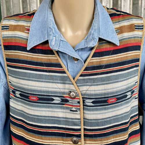 1980's Women's Jones New York Striped Linen Vest Blue Red Sz L - OOAK - Phoenix Menswear