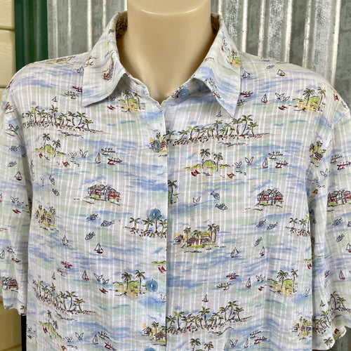 1980's Women's Vintage Cotton S/S Shirt Light Tropical Island Print Palm Trees Made in Taiwan Sz M - OOAK - Phoenix Menswear