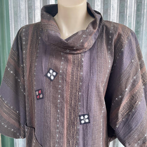 1980's Women's Vintage Cowl Neck Pullover Top Purple Woven Patches Sz - OOAK - Phoenix Menswear