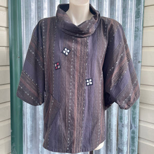 1980's Women's Vintage Cowl Neck Pullover Top Purple Woven Patches Sz - OOAK - Phoenix Menswear