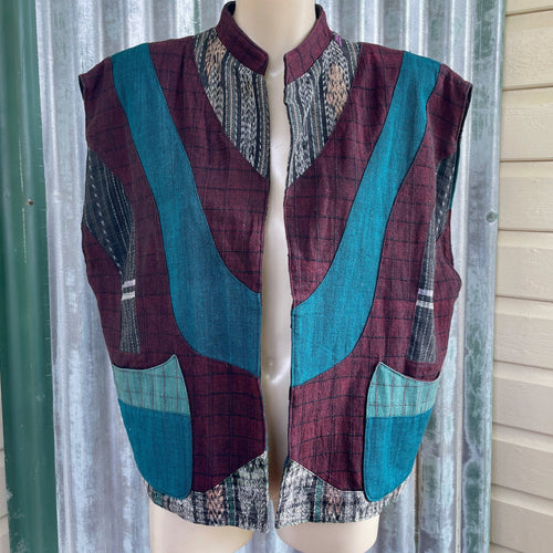 1980's Women's Vintage Reversible Vest Top Purple Turquoise Green Woven Patches Pockets Sz L - OOAK - Phoenix Menswear