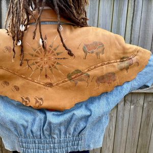 1980's Women's Vintage Tan Leather and Blue Denim Western Jacket Hand Painted Sz M - OOAK - Phoenix Menswear