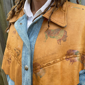 1980's Women's Vintage Tan Leather and Blue Denim Western Jacket Hand Painted Sz M - OOAK - Phoenix Menswear