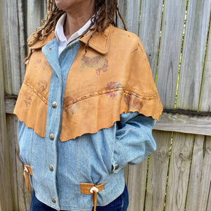 1980's Women's Vintage Tan Leather and Blue Denim Western Jacket Hand Painted Sz M - OOAK - Phoenix Menswear