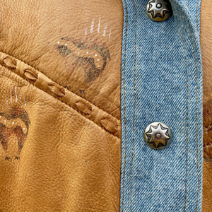 1980's Women's Vintage Tan Leather and Blue Denim Western Jacket Hand Painted Sz M - OOAK - Phoenix Menswear