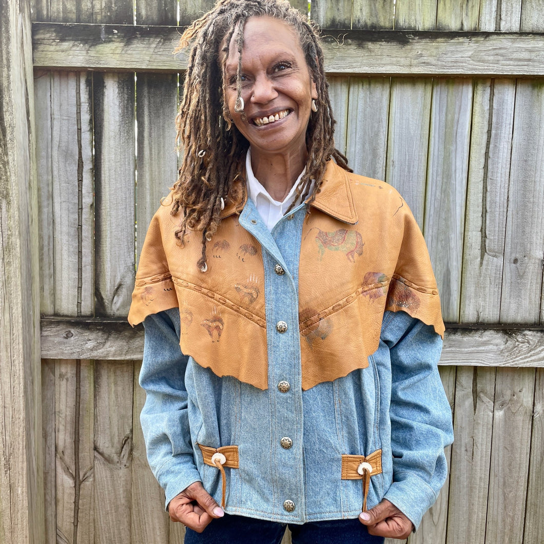 1980's Women's Vintage Tan Leather and Blue Denim Western Jacket Hand Painted Sz M - OOAK - Phoenix Menswear