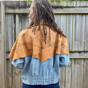 1980's Women's Vintage Tan Leather and Blue Denim Western Jacket Hand Painted Sz M - OOAK - Phoenix Menswear