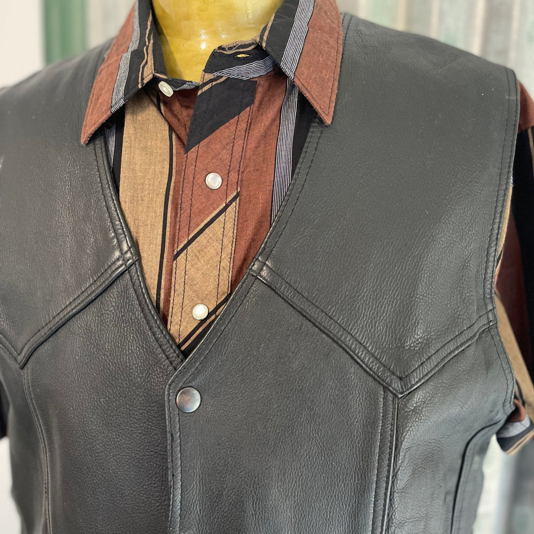 1990's Black Rose Heavy Vintage Black Leather Biker's Vest Sz XL - OOAK - Phoenix Menswear