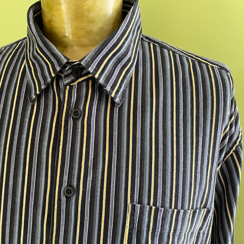 1990's Corduroy L/S Shirt Blue Black Yellow Stripe Sz XXL - OOAK - Phoenix Menswear