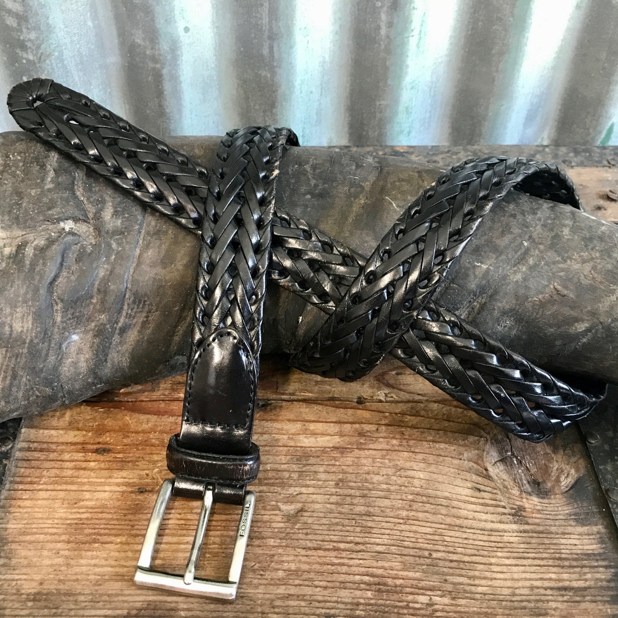 1990 s Fossil Vintage Black Plaited Leather Belt Sz L OOAK Phoenix Menswear