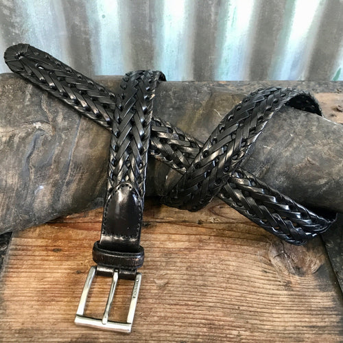 1990's Fossil Vintage Black Plaited Leather Belt Sz L - OOAK - Phoenix Menswear