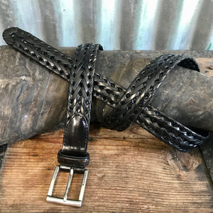 1990's Fossil Vintage Black Plaited Leather Belt Sz L - OOAK - Phoenix Menswear